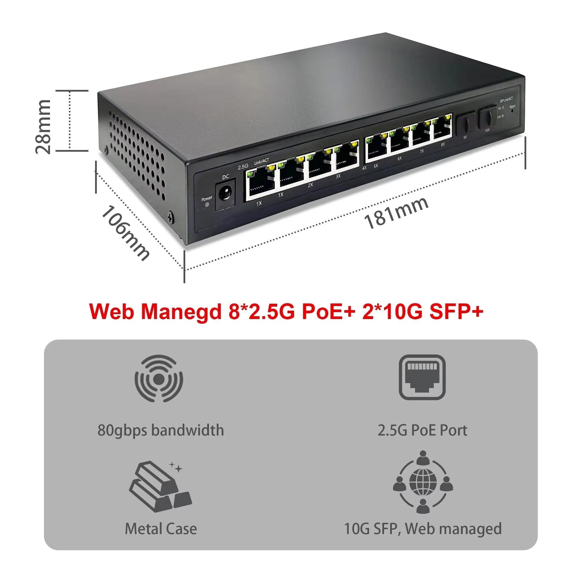 Sfp+ 10G Managed Switch 8 Port - 2.5G Smart Web Managed PoE Switch